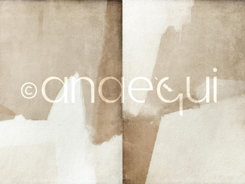 May include: Abstract art print with a neutral color palette. The artwork features a split composition with beige and white brushstrokes. The text "&copy; andequi" is overlaid on the image in a light beige color.