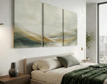 Above Bed Wall Art Set of 3 | Green Gold Abstract Landscape | Neutral Bedroom Triptych | Calming Organic Modern Print | Instant Download