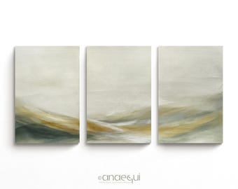 Sage Green Landscape Wall Art Set of 3, Beige Gold Abstract Prints, Modern Neutral Triptych, Minimalist Organic Decor, Large Living Room Art