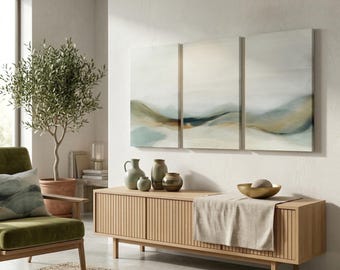 Sage Green Wall Art Set of 3 Abstract Prints | Organic Modern Living Room Decor | Large Moss Green Triptych | Biophilic Design Statement Art