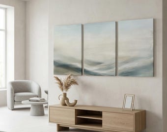 Above Console Wall Art Set of 3 Soft Blue Teal Abstract Landscape Minimalist Neutral Triptych | Calming Living Room Print | Instant Download