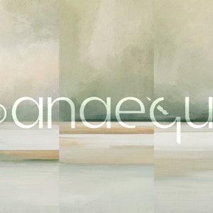 May include: Abstract landscape art print with soft, muted tones of green, beige, and white. The artwork features a layered composition with horizontal bands and the text "anaequi" in a stylized font.