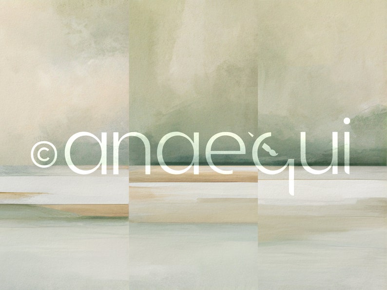 May include: Abstract landscape art print with soft, muted tones of green, beige, and white. The artwork features a layered composition with horizontal bands and the text "anaequi" in a stylized font.