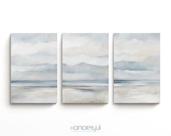 Serene Abstract Watercolor Seaside Landscape Painting | Three Piece Printable Wall Art | Minimalist Coastline Prints | Digital Downloadable