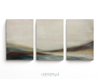 Earthy Neutral Wall Art Set of 3, Abstract Landscape Prints with Terracotta Accents, Large Living Room Decor, Modern Warm Triptych