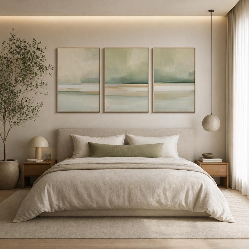 May include: A bedroom scene featuring a bed with neutral-toned bedding, a large headboard, and a long green bolster pillow. Above the bed are three framed abstract landscape paintings in muted colors. A small side table with a lamp and a potted plant are also visible.