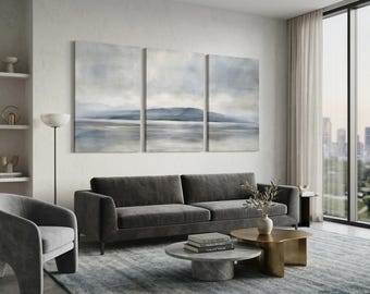 Modern Living Room Wall Art | Set of 3 Abstract Prints | Above Sofa Statement Decor | Cool Grey Blue Triptych | Large Luxury Gallery Set