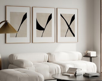 Tríptico de arte mural Japandi, láminas abstractas minimalistas, beige y negro (descarga digital imprimible)