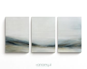 Soft Horizon Wall Art Set of 3, Minimal Blue Gray Landscape Prints, Large Living Room Decor, Modern Neutral Triptych, Above Sofa Art