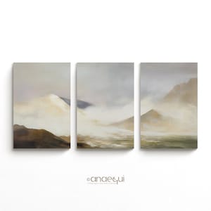 Modern Neutral Abstract Printable Wall Art of 3 Panoramic Earthy Mountains Print Set, Minimalist Serene Pastel Colors, Modernist Home Decor