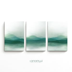 Modern Abstract Printable Wall Art of 3 Minimalist Landscape Paintings, Seafoam Green Ombre Watercolor, Serene Minimalist Gallery Wall Decor