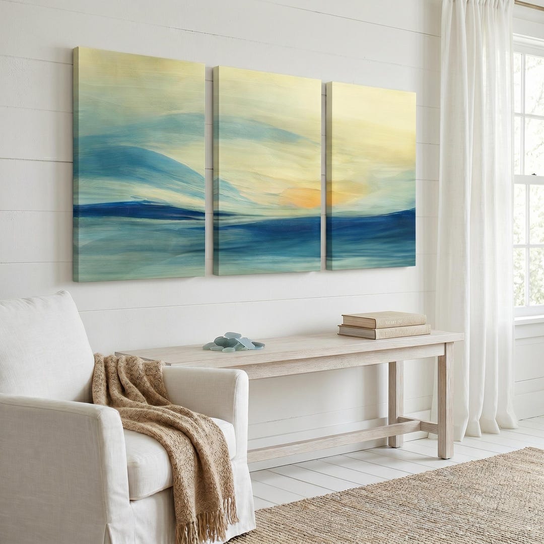 Ocean Sunrise Wall Art Set of 3 | Blue Yellow Abstract Seascape