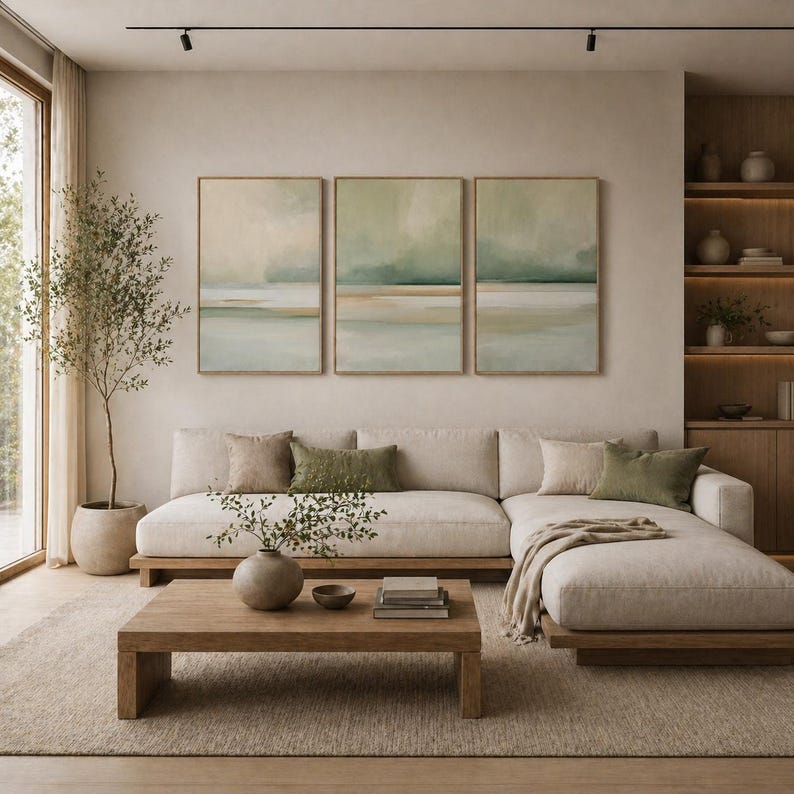 May include: A modern living room with a neutral color palette. A large beige sectional sofa with decorative pillows faces a wooden coffee table. Three framed abstract landscape paintings hang above the sofa. A potted tree and built-in shelving complete the space.