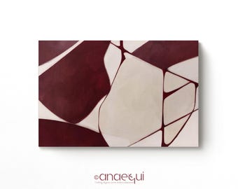 May include: Abstract painting with a geometric design. The painting features a white background with burgundy shapes and lines.