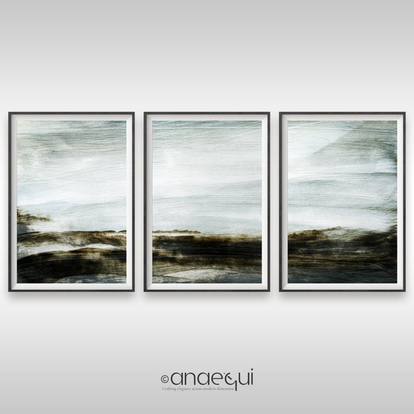 Modern Minimalist Abstract Set of 3 Landscapes, Soft Earthy Tones Palette, Misty Acrylic Paintings Scenary, Digital Download Art Print