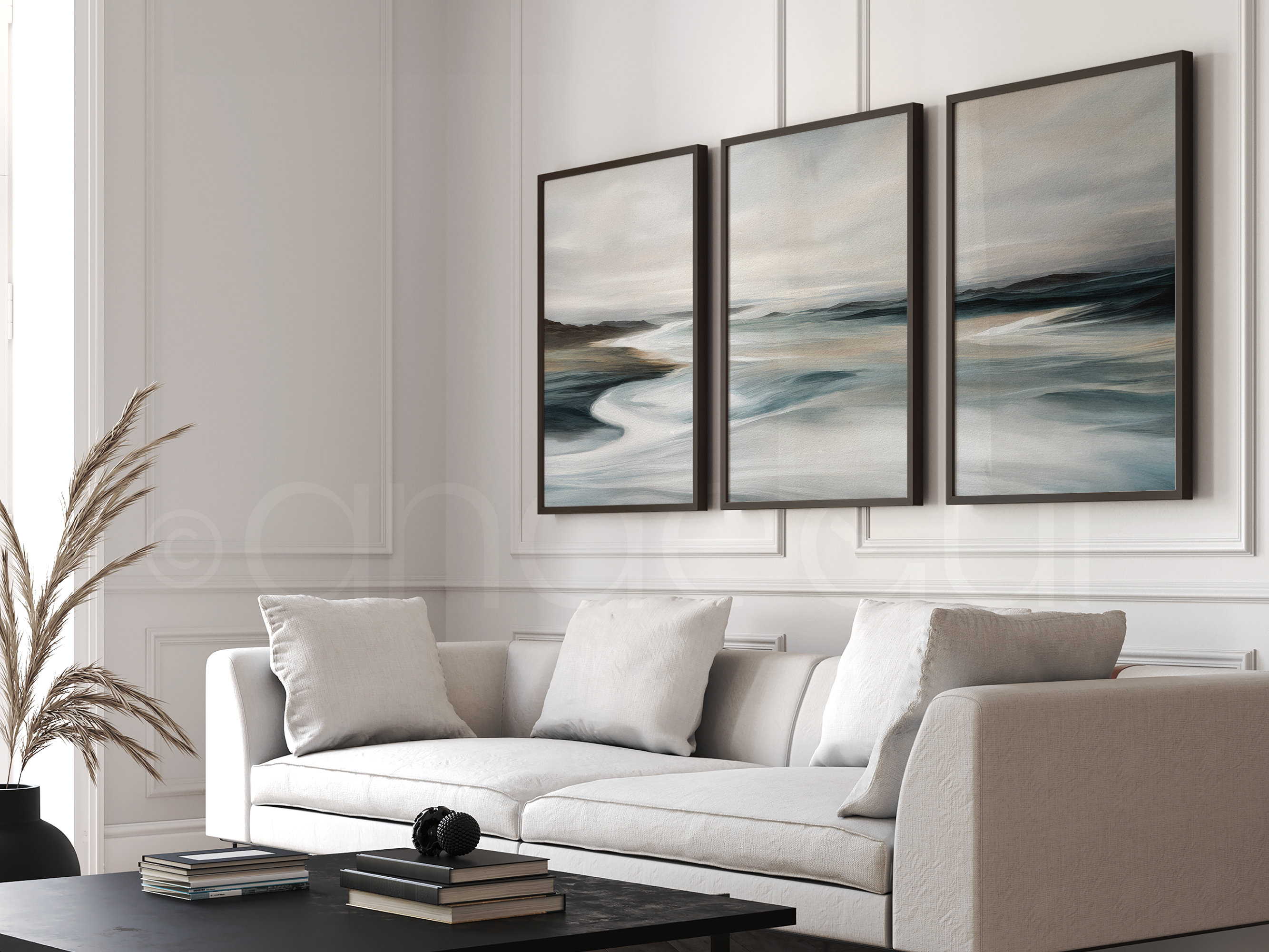 Tranquil Muted Seascape Wall Art of 3 Abstract Ocean Waves, Serene ...
