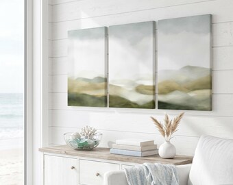 Misty Green Hills Wall Art Set of 3 | Sage Olive Abstract Landscape | Ethereal Watercolor Triptych | Foggy Nature Print | Instant Download