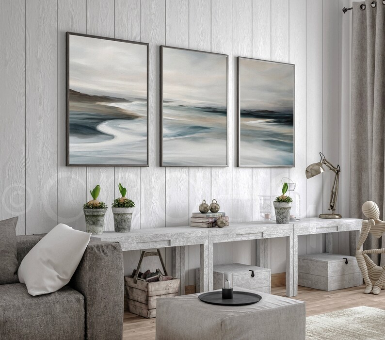 Tranquil Muted Seascape Wall Art of 3 Abstract Ocean Waves, Serene ...