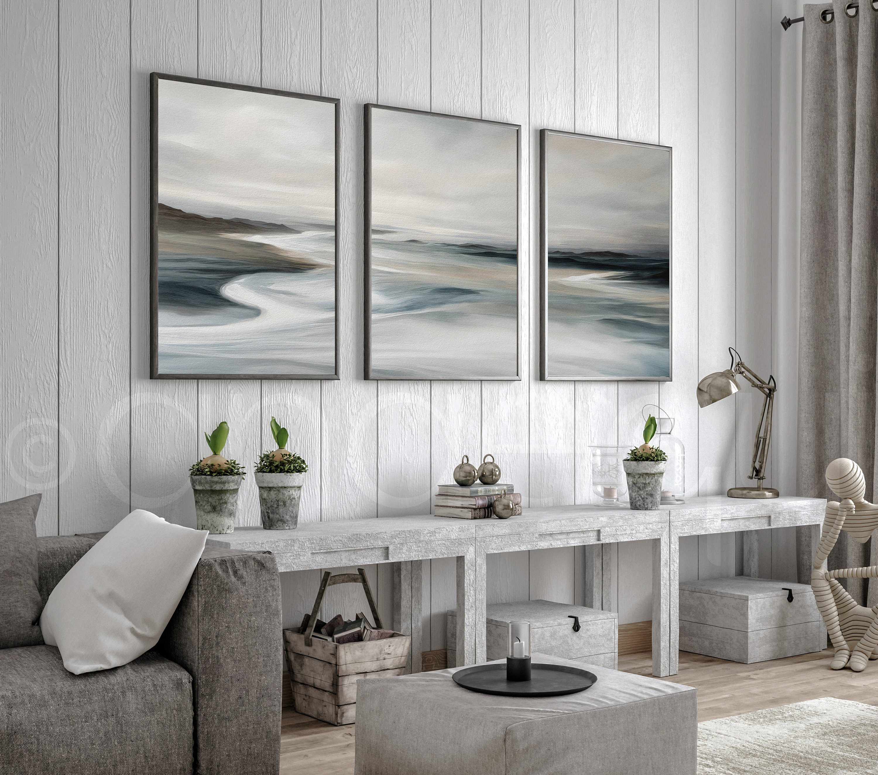 Tranquil Muted Seascape Wall Art of 3 Abstract Ocean Waves, Serene ...