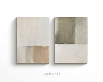 Moderne neutrale abstrakte druckbare Wandkunst 2er-Set, Salbeigrün und Terrakottadrucke, minimalistische neutrale Galeriewand, Japandi-Wanddekor