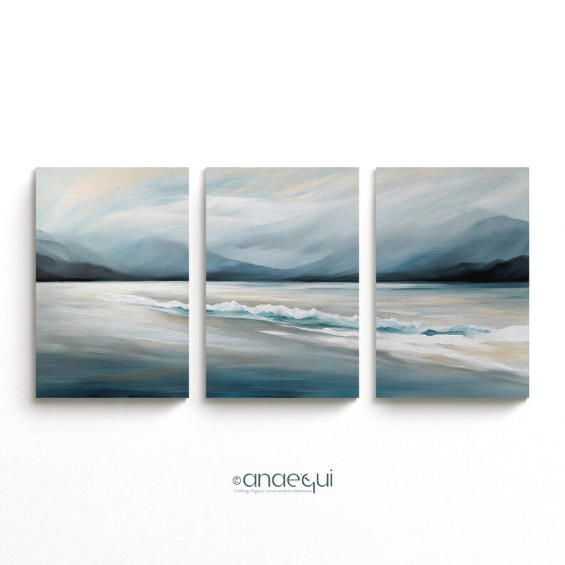 Modern Abstract Printable Seascapes Wall Art Set of 3 Coastal Acrylic Paintings, Muted Deep Blue ...