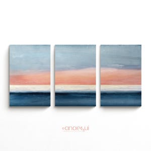Peach Sunset Art, Pastel Sea Set, Sunset Triptych, Beach Horizon Art, Modern Ocean Art, Coastal Pastel Seaside, Digital Calm Seascape