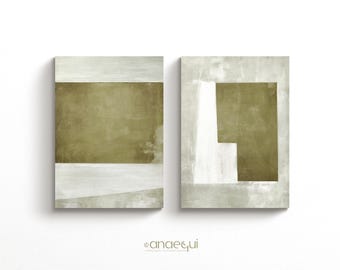 Organic Modern Wall Art, Moss Green Abstract Prints, Set of 2 Textured Olive Art, Earthy Green Wall Decor, Minimalist Sage Green Duo Art