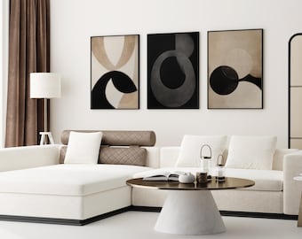 Above Sofa Wall Art Set, Black and Beige Abstract Art, Set of 3 Japandi Prints, Modern Bold Living Room Decor, Earthy Neutral Wall Art Set