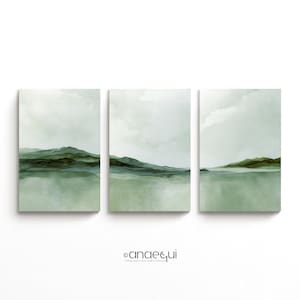 Modern Neutral Abstract Printable Wall Art Set of 3 Green Mountains Landscape Prints, Minimalist Serene Gallery Wall, Modernist Home Decor