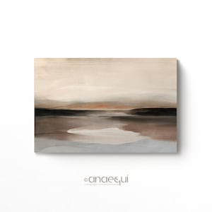 May include: Abstract painting of a landscape with a light brown, beige, and grey colour scheme. The painting depicts a horizon with a body of water in the foreground.