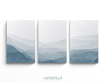 Soft Blue Abstract Watercolor Mountain Printable Art Prints Set of 3 Minimalist Gallery Wall Set , 3 Piece Instant Downloadable Wall Art