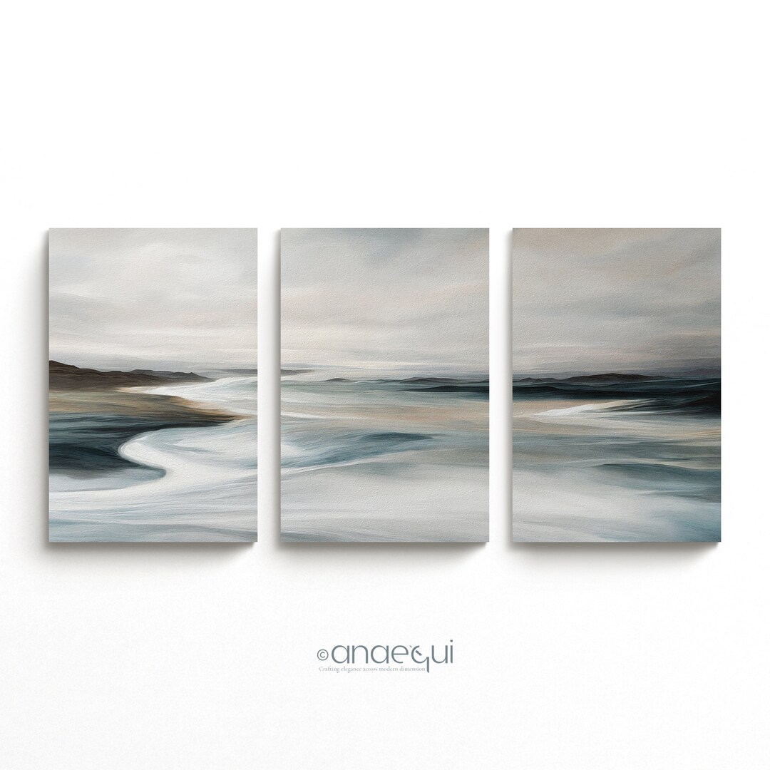 Tranquil Muted Seascape Wall Art of 3 Abstract Ocean Waves, Serene ...