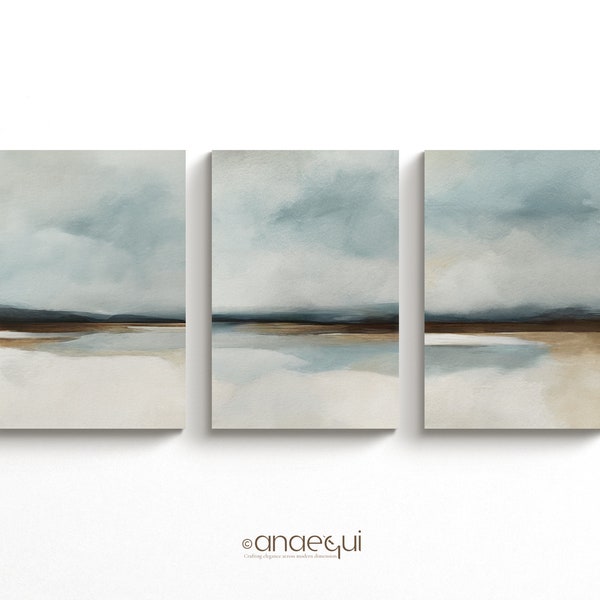 Muted Abstract Landscapes Paintings Set of 3 Soft Light Blue Beige and Earthy Brown Tones Color Palette Prints, Serene Aesthetic House Decor