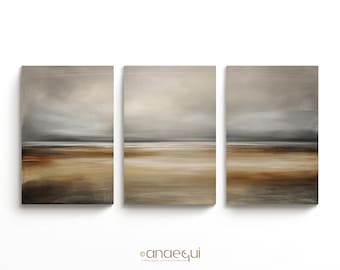 Large Neutral Wall Art Set of 3 | Abstract Landscape Triptych | Earth Tone Colors | Minimal Living Room Decor | Printable Digital Download
