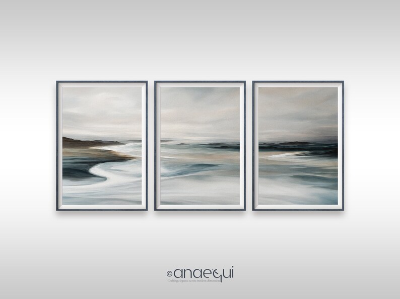Tranquil Muted Seascape Wall Art of 3 Abstract Ocean Waves, Serene ...