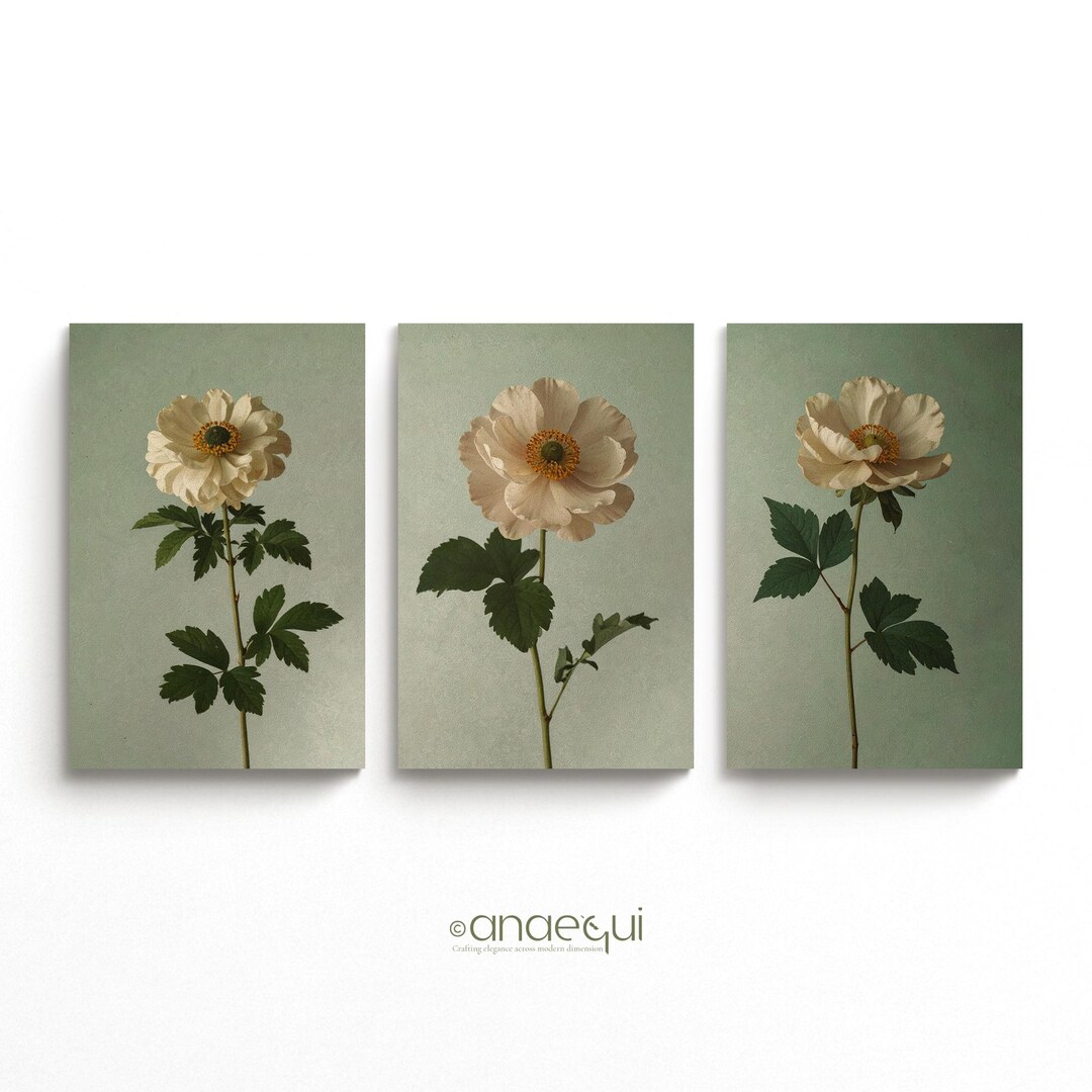 Vintage Floral Triptych Wall Art | Sage Green Flower Prints (digital ...