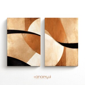 May include: Two abstract paintings featuring geometric shapes in shades of brown, beige, and black. The paintings are on canvas and have a textured surface.