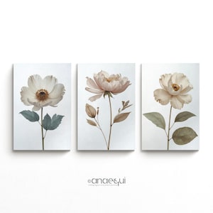 Neutral Botanical Wall Art Set of 3 | Vintage Flower Prints | Cream & Beige Floral Decor | Aesthetic Cottage Core Decor | Gallery Wall Art