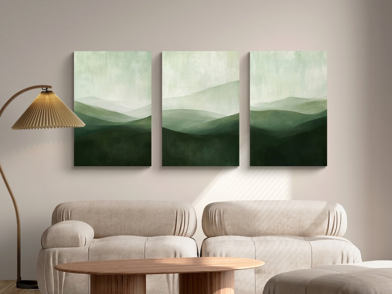 Minimalist Set of 3 Green Misty Mountain Forest Prints