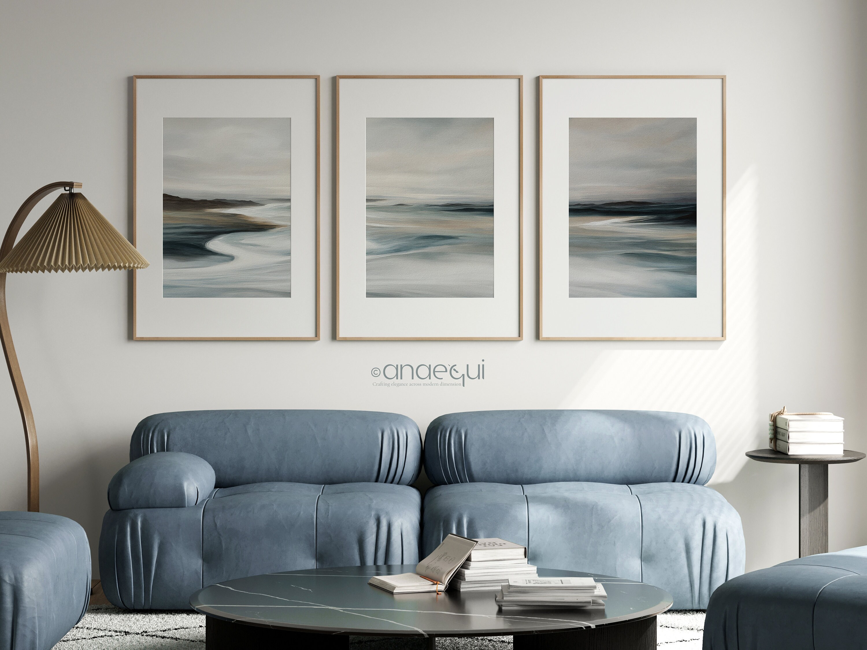 Tranquil Muted Seascape Wall Art of 3 Abstract Ocean Waves, Serene ...