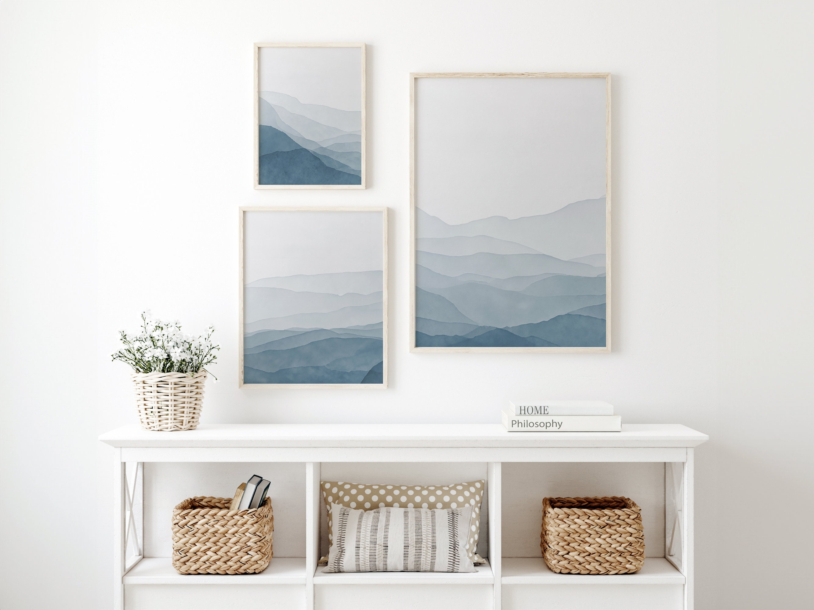 Large Wall Art Set of 3 | Blue Abstract Mountain Prints | Indigo ...