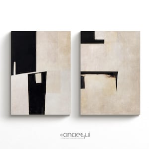 Japandi Wall Art Prints | Set of Two Modern | Digital Abstract Textured | Neutral Beige Black Tones | Minimalist Wabi Sabi Gallery Wall Set