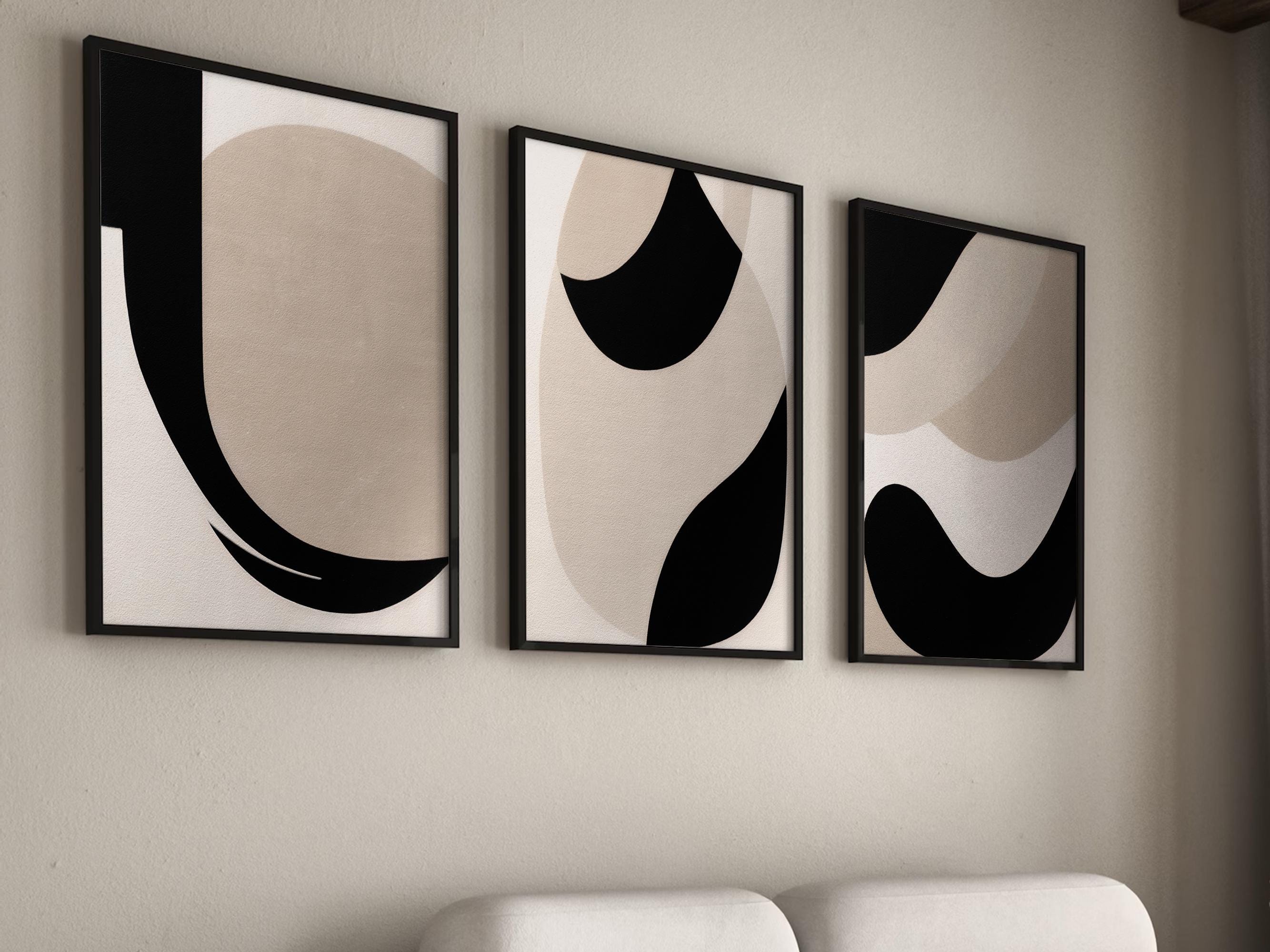 Neutral Japandi Abstract Art Print Set – Beige and Black (digital ...