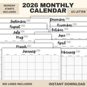 May include: A 2026 monthly calendar set in US Letter size featuring black text on white paper. The pages display months from January to December with a grid layout, Monday start option, and unlined daily boxes for planning and organization.