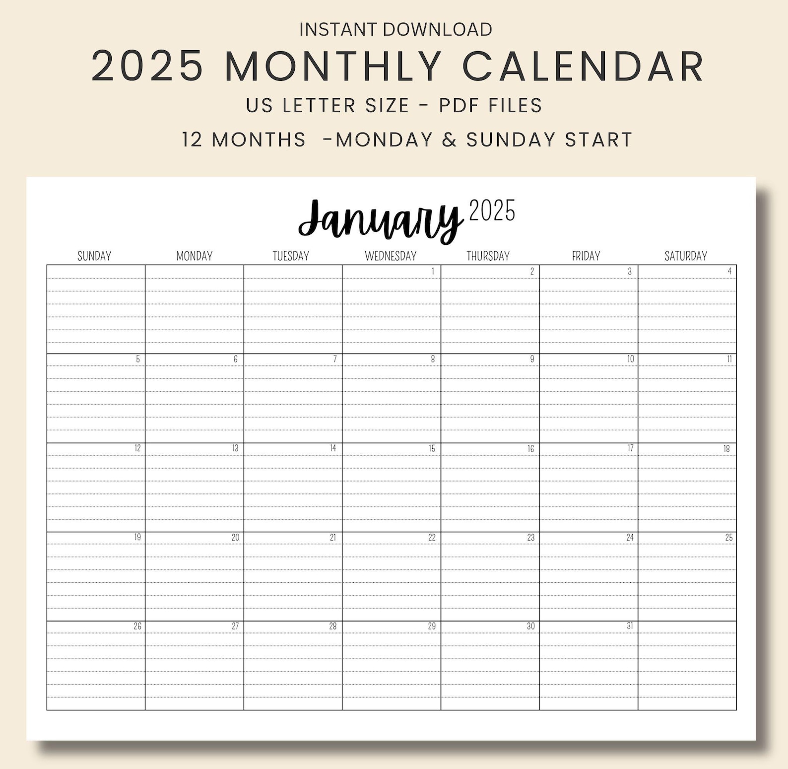  2025 Monatskalender Druckbare Vorlage Gefütterter Monatskalender 2025 