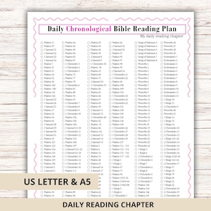 May include: A white paper sheet titled Daily Chronological Bible Reading Plan with a pink wavy border. It features a checklist of Bible chapters from Psalms to Chronicles, with the text US LETTER & A5 and DAILY READING CHAPTER at the bottom.