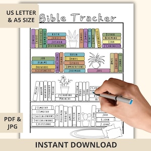 May include: A printable Bible Tracker page featuring a bookshelf illustration with labeled book spines for various biblical books, potted plants, and decorative pillows. The document includes text indicating US Letter and A5 size options.