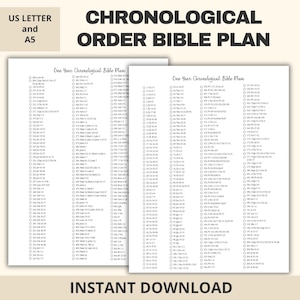 May include: A printable document titled Chronological Order Bible Plan with the subtitle One Year Chronological Bible Plan. The pages feature numbered lists of scripture readings with checkboxes for tracking progress, available in US Letter and A5 sizes.