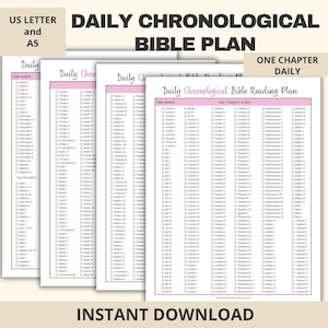 May include: A printable daily chronological Bible reading plan document featuring a checklist format with checkboxes for tracking progress. The header reads Daily Chronological Bible Reading Plan, with columns for book names and chapters, available in US Letter and A5 sizes.