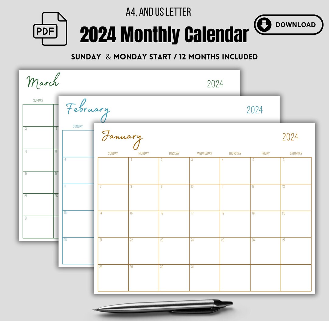 2024 Monthly Color Calendar Printable, Monthly Planner Landscape
